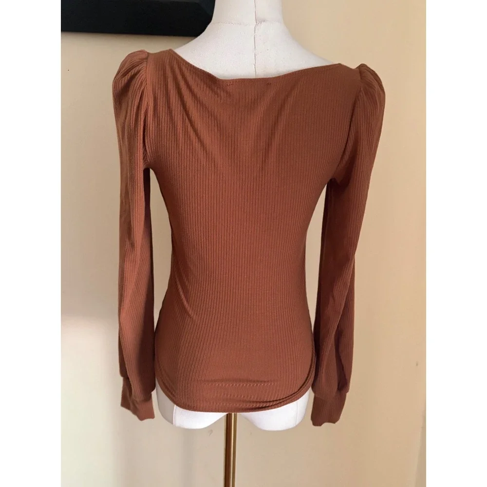 Reformation Jeans Brown Ribbed Puff Sleeve Scoop Neck Top XS Cinnamon Tencel